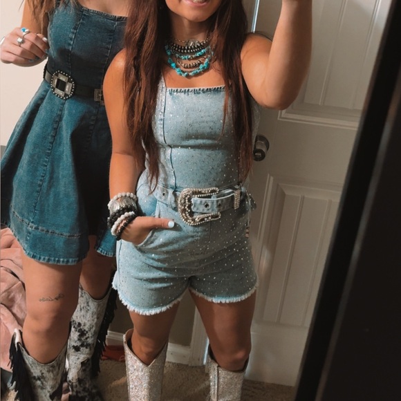 Denim Rhinestone Romper - Picture 3 of 3